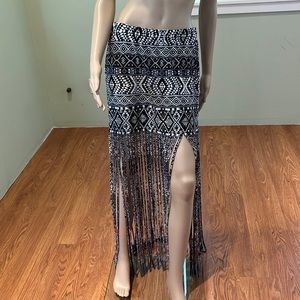 Venus Black And White Maxi Skirt With Multi-colored Fringe Size XL